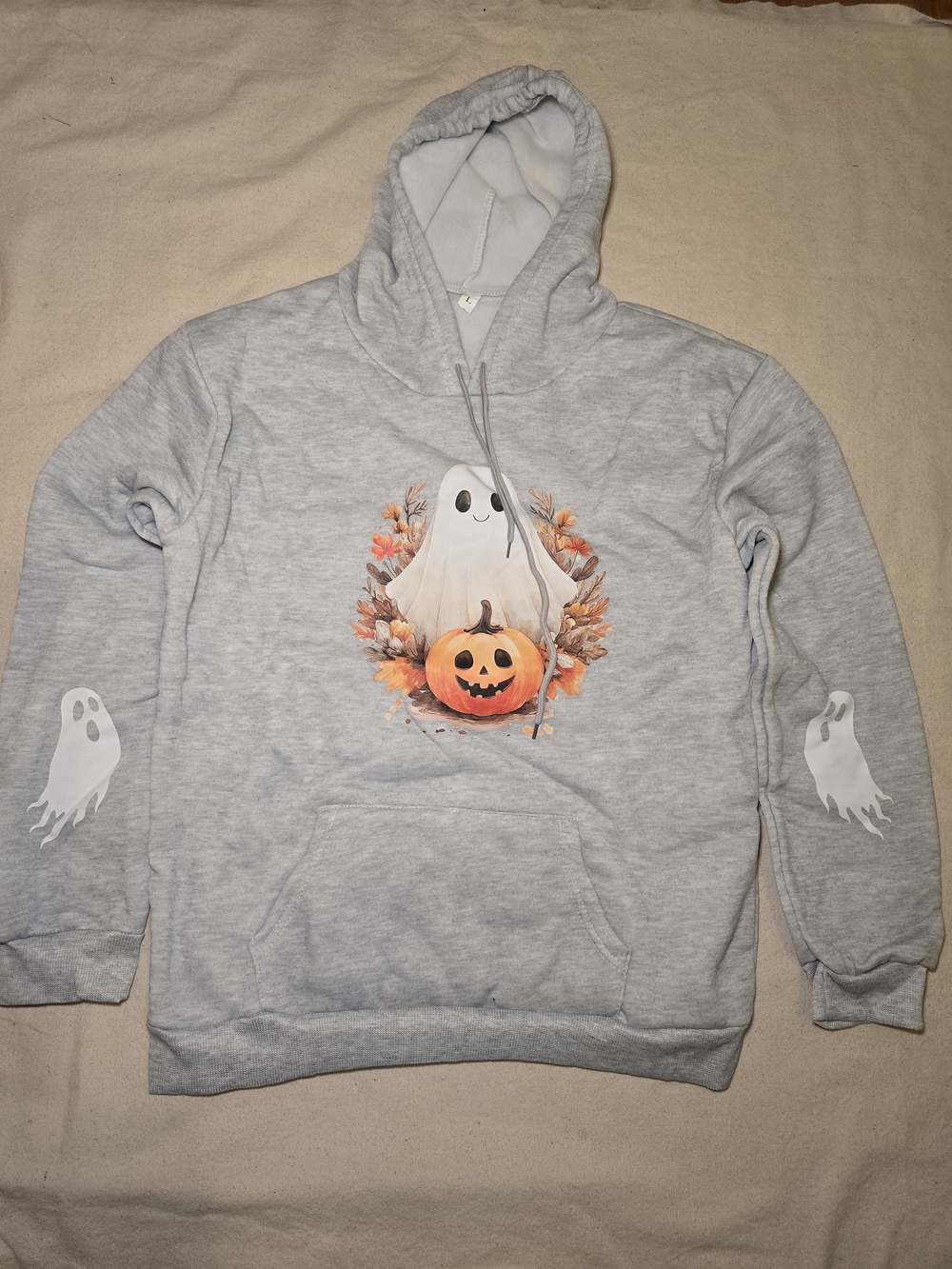 Women's Grey Halloween Ghost & Pumpkin Hoodie Sweater Size L NWOT